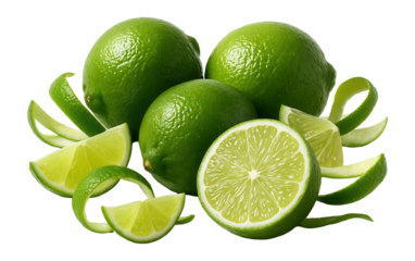 Fresh green limes with slices and peel curls on transparent background.
