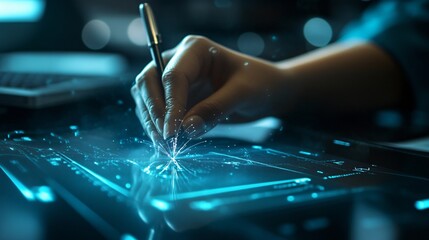 Hand using stylus on glowing digital tablet, futuristic technology interface