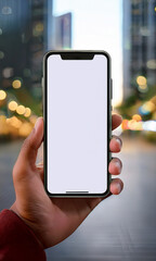 Realistic mockup of mobile phone in hand on blurred city background