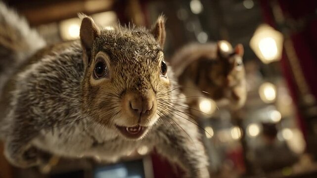 Close-up of a taxidermied squirrel, appearing to fly, with a blurred cat in the background