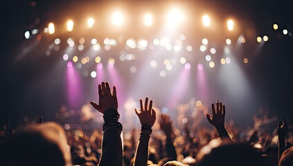 Audience members raise their hands in a concert venue.