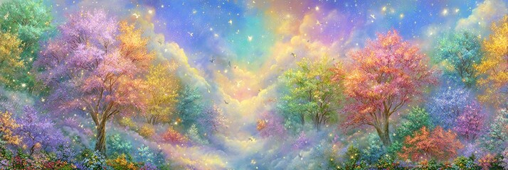 Paesaggio incantato con alberi arcobaleno fluttuanti