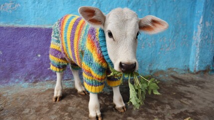 Adorable calf wearing a colorful striped sweater against a textured blue wall, eating greens