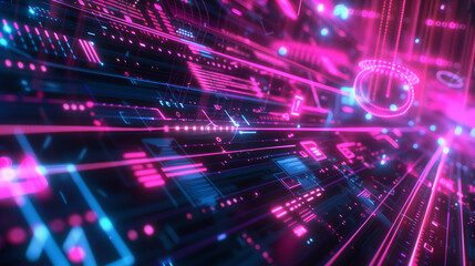 A hacker’s neon-lit interface, with floating vector code and holographic data streams 