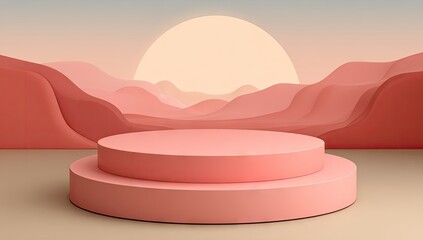 Pink pedestal display against a backdrop of soft, layered hills.