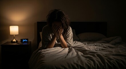 Photo of a woman sitting on her bed in the dark, covering her face with her hands, feeling stressed, anxious, and unable to sleep due to insomnia