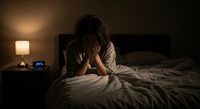 Photo of a woman sitting on her bed in the dark, covering her face with her hands, feeling stressed, anxious, and unable to sleep due to insomnia