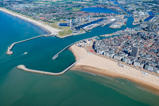 Aerial view of the beach and city of Ostende Belgium during summer	