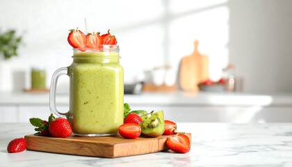 Vibrant green smoothie in mason jar with strawberry garnish on wooden board