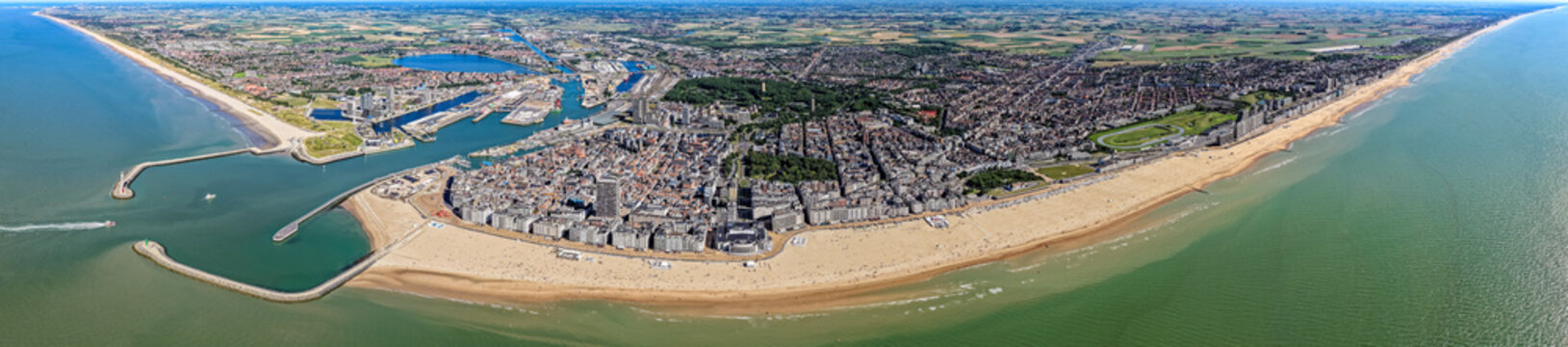 Aerial view of the beach and city of Ostende Belgium during summer	