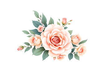 Elegant watercolor arrangement of blush pink roses and green leaves Isolated on transparent background