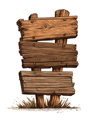 Transparent image, cartoon style hand drawn illustration of rustic wooden slab signs, old west vintage style