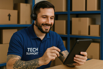Warehouse Technician: A focused tech support technician, equipped with a headset and tablet, navigates logistics in a bustling warehouse environment.