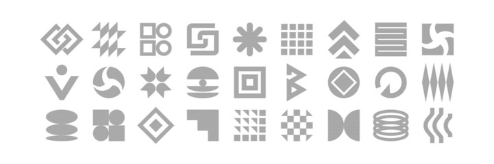 Obraz premium Set of abstract geometric symbols with horizontal line shading. Brutalist style design, optical illusion effect. Modern vector icons for posters, branding, or graphic experiments.