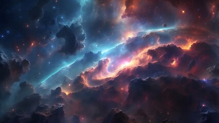 A cosmic storm glowing faintly in the middle of a dense nebula.Cinematic theme, HDR, Vibrant 