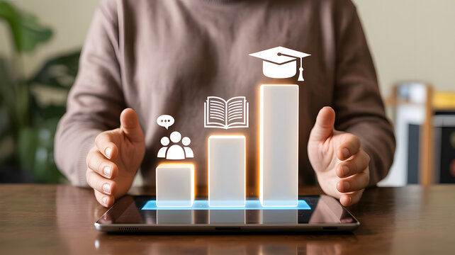 Person's hands protect glowing growth chart with graduation cap, book, and people icons symbolizing education and career advancement