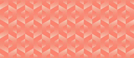 Vector abstract wide panoramic background with geometric halftone coral shades hex pattern. Colourful grainy texture creates modern retro-futuristic style for design, wallpapers and creative branding