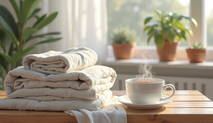 Bright sunlight streams through a window, highlighting neatly stacked white towels beside a warm cup of tea. Green plants in pots create a tranquil atmosphere, perfect for relaxation