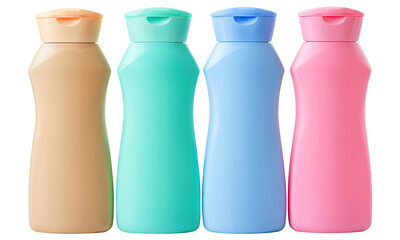 Four colorful plastic bottles with flip-top caps isolated on a transparent background