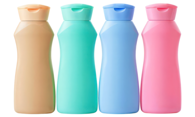 Four colorful plastic bottles with flip-top caps isolated on a transparent background