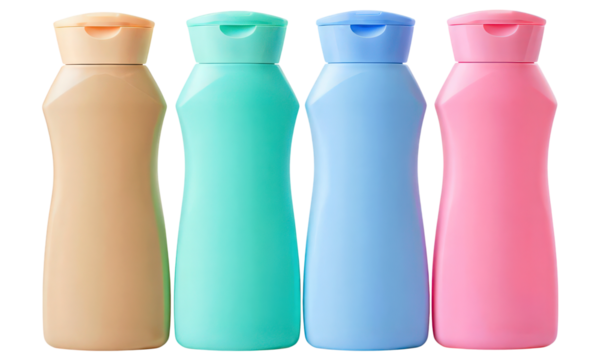 Four colorful plastic bottles with flip-top caps isolated on a transparent background