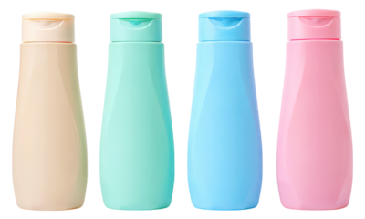 Four pastel colored cosmetic bottles mockup isolated on a transparent background