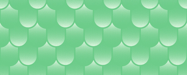 Vector abstract wide panoramic background with a modern halftone scales pattern in light green colour. Grainy texture creates a playful and organic flow for packaging, branding and creative backdrops
