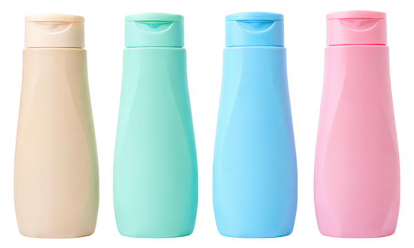 Four pastel colored cosmetic bottles mockup isolated on a transparent background
