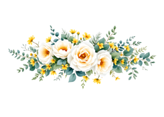 Elegant watercolor floral arrangement with white roses and yellow accent flowers Isolated on transparent background