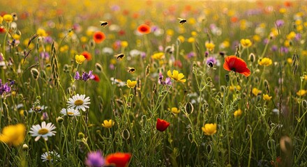 Vibrant wildflower meadow at sunset with bees buzzing over colorful blossoms