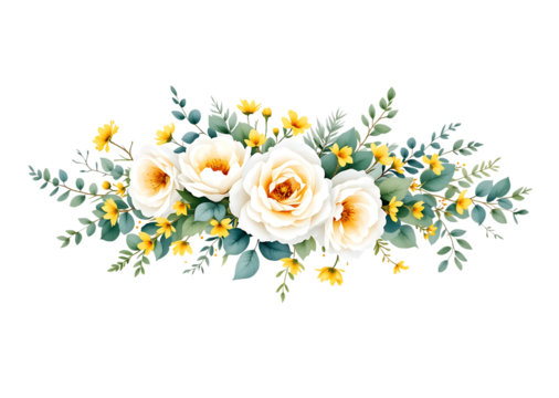 Elegant watercolor floral arrangement with white roses and yellow accent flowers Isolated on transparent background