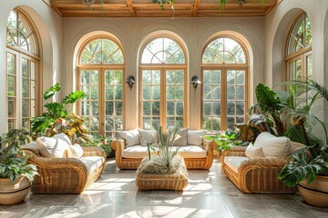 Bright sunroom interior with rattan furniture, lush tropical plants, and natural light from arched windows, creating inviting cozy living space. virtual background concept.