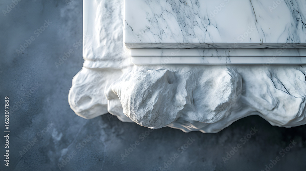 Poster marble structure with layered slabs above an undulating sculpted base against a textured bluegray ba