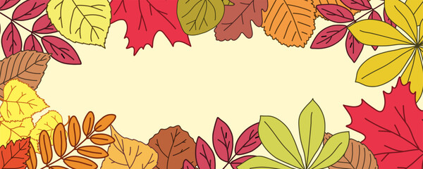 Horizontal Autumn Background with Colorful Leaves, Place for Inscription Leaf Framed Fall Design for Poster, Banner, Social Media, Web Cover, and Seasonal Sale