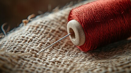 Close-up of red thread and needle on burlap