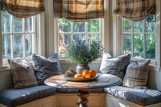 Cozy home interior design with bright bay window and comfortable seating, illuminated by warm natural light creating serene living space. virtual background concept.