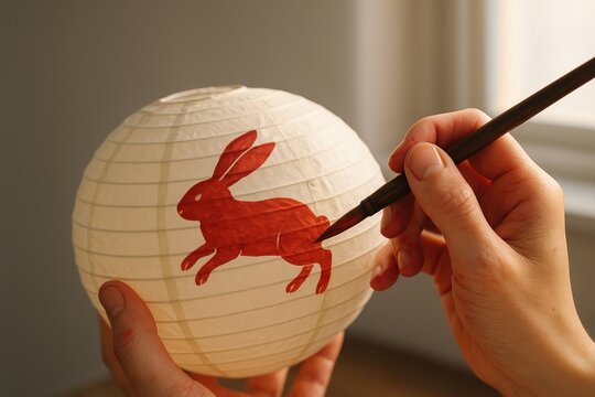 hands painting rabbit silhouette on paper lantern celebrating chinese new year indoors warm light creative craftsmanship tradition