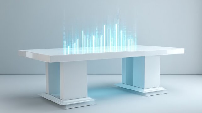 Holographic data visualization on a white conference table, modern