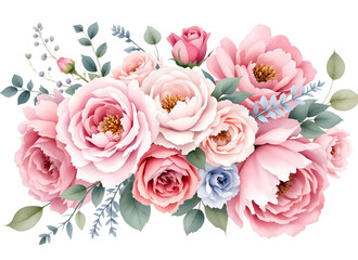 Elegant watercolor floral bouquet displaying beautiful roses peonies and subtle greenery Isolated on transparent background