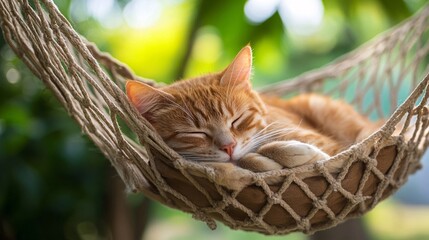 Ginger tabby cat sleeping peacefully in a woven hammock outdoors, daytime.