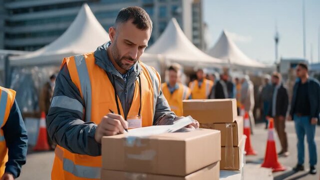 Organized Assistance: An essential worker meticulously documents logistics during a community aid distribution event, showcasing dedicated humanitarian support.