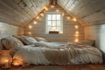 Cozy rustic attic bedroom retreat with warm string lights and inviting bed creating peaceful home sanctuary for ultimate relaxation. virtual background concept.