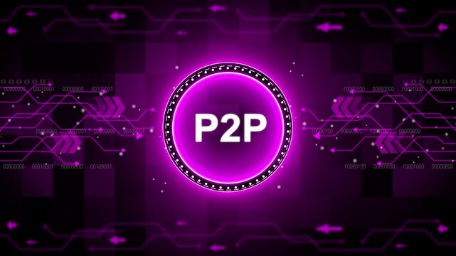 Businessman presses button with text P2P Peer-to-peer icon on virtual digital electronic user interface. communication network Business. technology background with Cyberspace HUD elements animation.