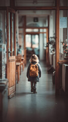 Child walks down school hallway on first day of school