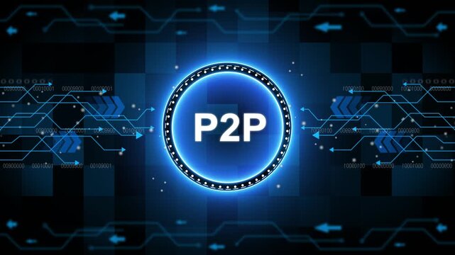 Businessman presses button with text P2P Peer-to-peer icon on virtual digital electronic user interface. communication network Business. technology background with Cyberspace HUD elements animation.