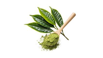 Green tea powder in wood spoon with leaves isolated on transparent background. Generative Ai