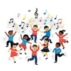 Happy Diverse Kids Dancing with Musical Notes – Children's Music Party Vector Illustration

