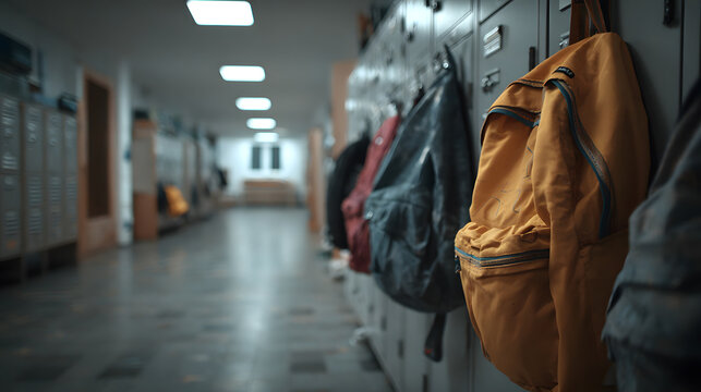 Back to school excitement with backpacks hanging near lockers on first day - Powered by Adobe