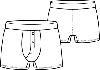 Front and back men's underwear illustration, button fly detail, vertical seam, waistband stitching, technical fashion sketch, garment mockup, clothing design template, minimal line art.