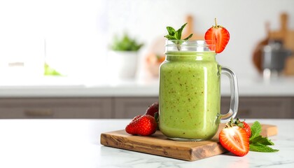 Refreshing Green Smoothie with Strawberries and Mint in a Mason Jar